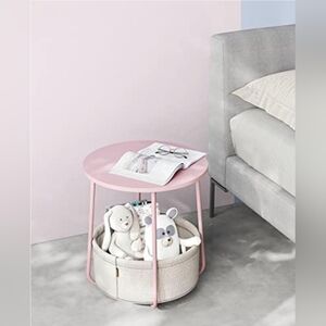 Pink-Cream Round End Table with Fabric Basket - New